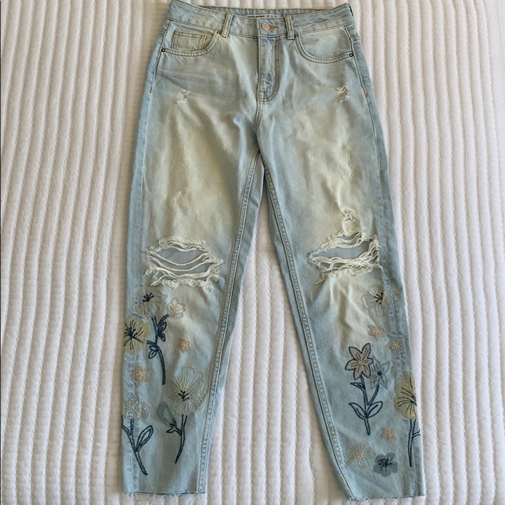 Zara | Floral Embroidered Distressed Denim Jeans